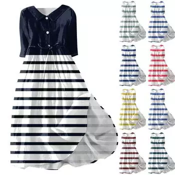 Женское модное платье с откидным воротником и рукавами 3/4 с принтом L синий