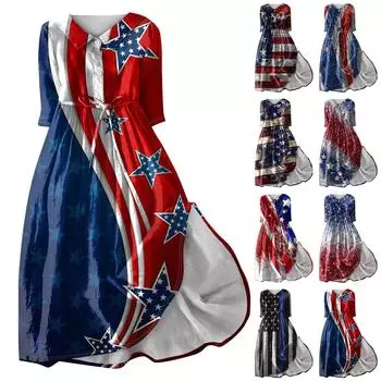 Женское модное платье с откидным воротником и рукавами 3/4 с принтом на День независимости L чёрный