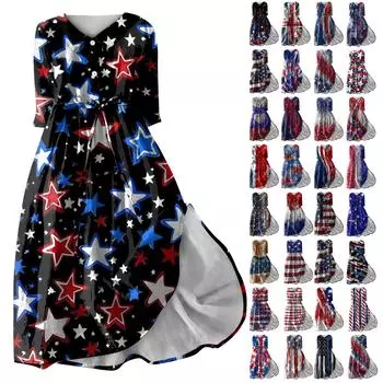 Женское модное платье с откидным воротником и рукавами 3/4 с принтом на День независимости XXL чёрный