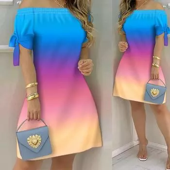 Женское модное платье с открытыми плечами, платье с коротким рукавом и галстуком-бабочкой, платья с принтом, летние пляжные платья больших размеров S синий