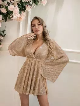 Женское модное платье с пайетками, сексуальное свободное платье с длинным рукавом и глубоким V-образным вырезом