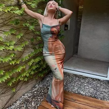 Женское модное платье с принтом фигурок и сексуальным вырезом на шее, облегающее платье без рукавов с разрезом S разноцветный