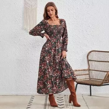 Женское модное платье с принтом, однотонным воротником и длинными рукавами XS зелёный