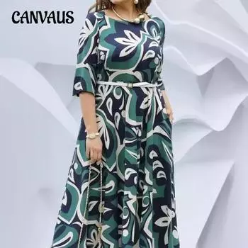 Женское модное платье с принтом «Темперамент» с длинными рукавами и круглым вырезом и поясом S зелёный