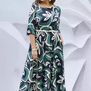 Женское модное платье с принтом «Темперамент» с длинными рукавами и круглым вырезом и поясом S зелёный