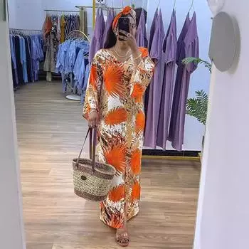 Женское модное платье с принтом, темпераментное, в пригородном стиле, с V-образным вырезом, длинным рукавом, с разрезом, удобное платье, длинное платье S разноцветный