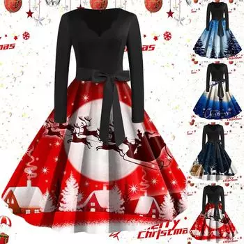 Женское модное платье с принтом в стиле пэчворк, винтажное платье, банкетное платье для рождественской вечеринки L красный