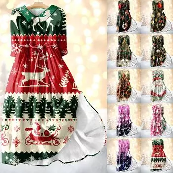 Женское модное платье с рождественским принтом, застегивающееся на пуговицы, с манжетами длиной семь четвертей и бретельками S жёлтый