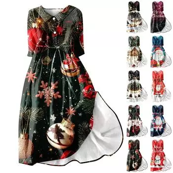 Женское модное платье с рождественским принтом, застегивающееся на пуговицы, с манжетами длиной семь четвертей и бретельками S