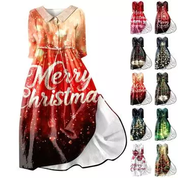 Женское модное платье с рождественским принтом, застегивающееся на пуговицы, с манжетами длиной семь четвертей и бретельками XL коричневый