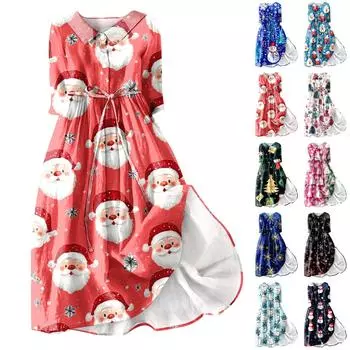 Женское модное платье с рождественским принтом, застегивающееся на пуговицы, с манжетами длиной семь четвертей и бретельками XXL циан