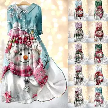 Женское модное платье с рождественским принтом, застегивающееся на пуговицы, с манжетами длиной семь четвертей и бретельками M