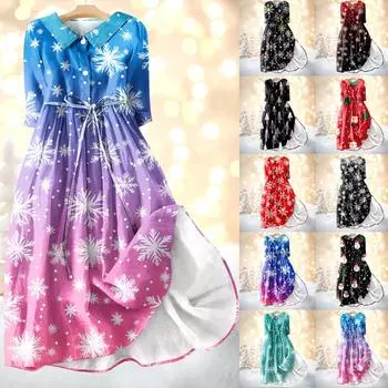 Женское модное платье с рождественским принтом, застегивающееся на пуговицы, с манжетами длиной семь четвертей и бретельками S чёрный