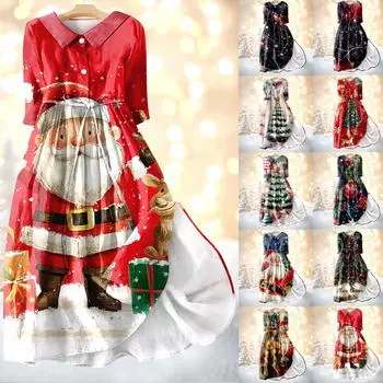 Женское модное платье с рождественским принтом, застегивающееся на пуговицы, с манжетами длиной семь четвертей и бретельками XL чёрный