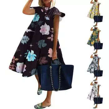 Женское модное платье с рукавами-крылышками и принтом, повседневное свободное платье с круглым вырезом L бежевый