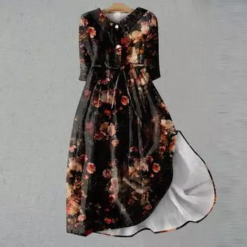 Женское модное платье с рукавами три четверти и пуговицами в стиле ретро с цветочным принтом L чёрный