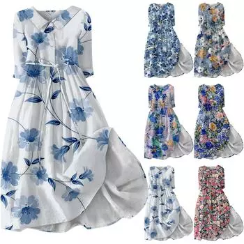 Женское модное платье с рукавами три четверти и пуговицами в стиле ретро с цветочным принтом M светло-синий