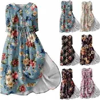 Женское модное платье с рукавами три четверти и пуговицами в стиле ретро с цветочным принтом XL бежевый