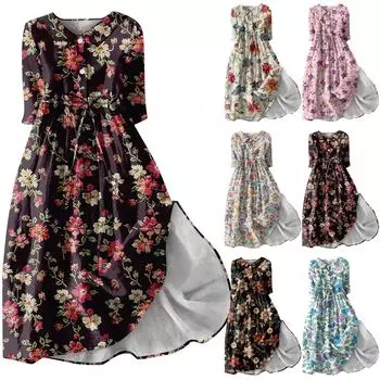 Женское модное платье с рукавами три четверти и пуговицами в стиле ретро с цветочным принтом L бежевый