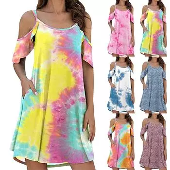 Женское модное платье с рюшами и рукавами, платье без бретелек с принтом тай-дай XL оранжевый