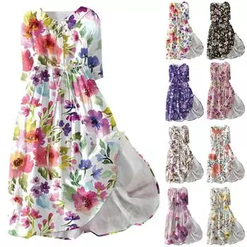 Женское модное платье с семиточечными рукавами и пуговицами с цветочным принтом и лацканами с завязками L чёрный