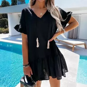 Женское модное платье с темпераментом, однотонное, с V-образным вырезом и короткими рукавами L