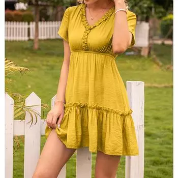 Женское модное платье с темпераментом, однотонное, с V-образным вырезом и короткими рукавами L жёлтый