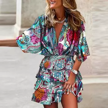 Женское модное платье с v-образным вырезом и принтом подол, нерегулярное платье с кукольными рукавами L синий