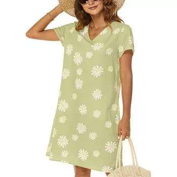 Женское модное платье с V-образным вырезом, коротким рукавом и цветочным принтом, повседневное L