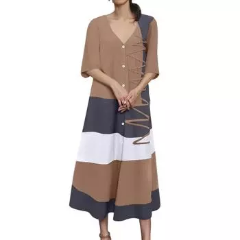 Женское модное платье с V-образным вырезом, короткими рукавами, пуговицами, повседневное, с принтом, длинное L хаки