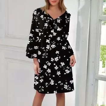 Женское модное платье с V-образным вырезом, однотонное, большого размера, свободное, длинное, с большим клешем, с рукавами 3/4 XL чёрный