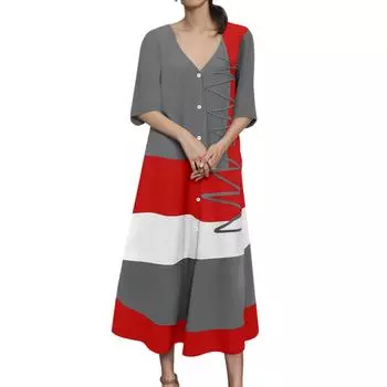 Женское модное платье с V-образным вырезом, короткими рукавами, пуговицами, повседневное, с принтом, длинное S
