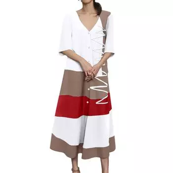 Женское модное платье с V-образным вырезом, короткими рукавами, пуговицами, повседневное, с принтом, длинное M белый