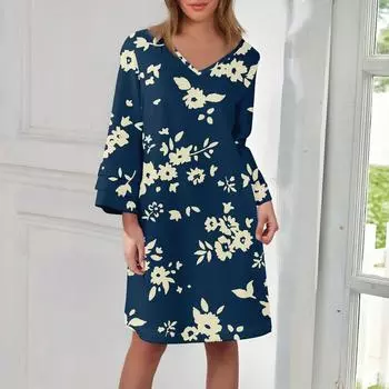 Женское модное платье с V-образным вырезом, однотонное, большого размера, свободное, длинное, с большим клешем, с рукавами 3/4 L синий