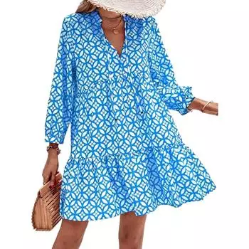 Женское модное платье с V-образным вырезом, свежим принтом и рукавом семь дюймов L синий