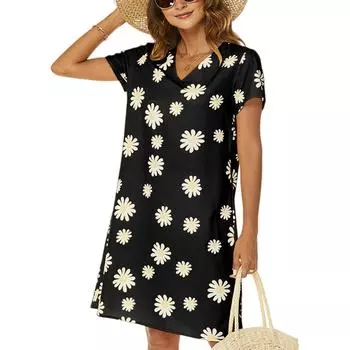 Женское модное платье с V-образным вырезом, коротким рукавом и цветочным принтом, повседневное L чёрный