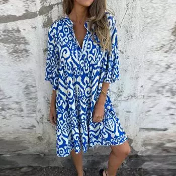 Женское модное платье с V-образным вырезом, свежим принтом и рукавом три четверти M синий
