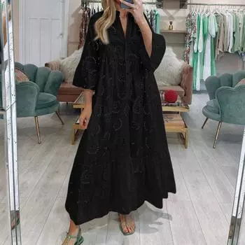 Женское модное платье с V-образным вырезом, однотонное, большого размера, свободное, длинное, с большим клешем, с рукавами 3/4 L чёрный