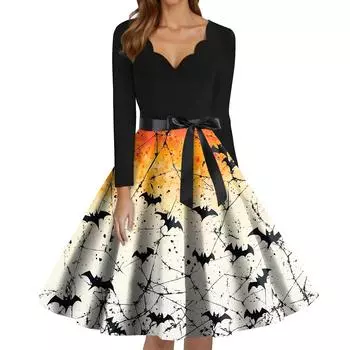 Женское модное платье с V-образным вырезом, повседневное, облегающего кроя, с принтом на Хэллоуин, с длинным рукавом XXXL жёлтый