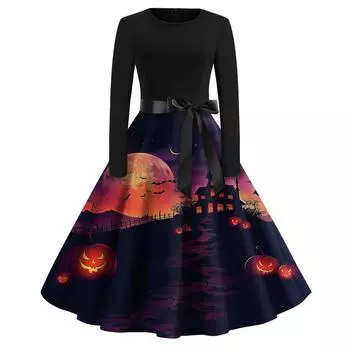 Женское модное платье с V-образным вырезом, повседневное, приталенное, с принтом на Хэллоуин, с длинным рукавом S чёрный