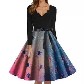 Женское модное платье с V-образным вырезом, повседневное, облегающего кроя, с принтом на Хэллоуин, с длинным рукавом XXXL синий