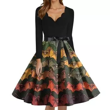 Женское модное платье с V-образным вырезом, повседневное, облегающего кроя, с принтом на Хэллоуин, с длинным рукавом XXL