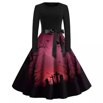 Женское модное платье с V-образным вырезом, повседневное, приталенное, с принтом на Хэллоуин, с длинным рукавом S розовый