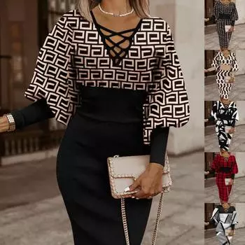 Женское модное платье с длинным рукавом и принтом, с V-образным вырезом на талии, с длинными рукавами и бедрами, весна и осень 2025 года, новинка S белый