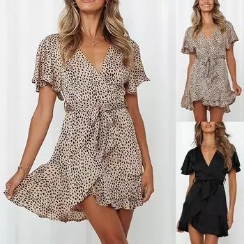 Женское модное платье с v-образным вырезом и принтом, мини-платье с рюшами и поясом L чёрный