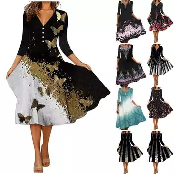 Женское модное платье с v-образным вырезом и принтом на пуговицах, элегантное свободное платье с рукавами три четверти L красный