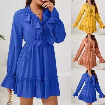 Женское модное платье с V-образным вырезом и длинным рукавом, однотонное, облегающее, повседневные платья L жёлтый