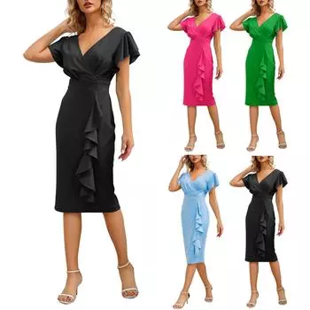 Женское модное платье с v-образным вырезом и рюшами, тонкие темпераментные платья L чёрный