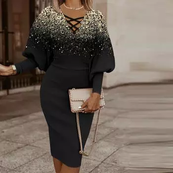 Женское модное платье с v-образным вырезом и длинным рукавом с принтом XXL чёрный