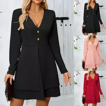 Женское модное платье с V-образным вырезом и длинным рукавом, однотонное облегающее платье на пуговицах, повседневные многослойные платья M чёрный